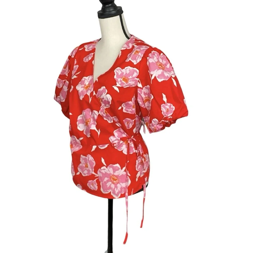 Old Navy Red Floral Puff Sleeve Wrap Top Womens XL Cottagecore Romantic Tropical